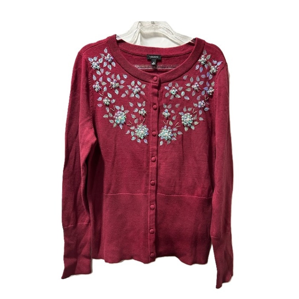 Talbots Womens Embellished Crewneck Cardigan Berry Red Floral Beaded Sweater M - Picture 2 of 6